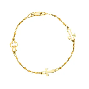 14K Yellow Gold Cable Chain Bead And Cross Bracelet, 7