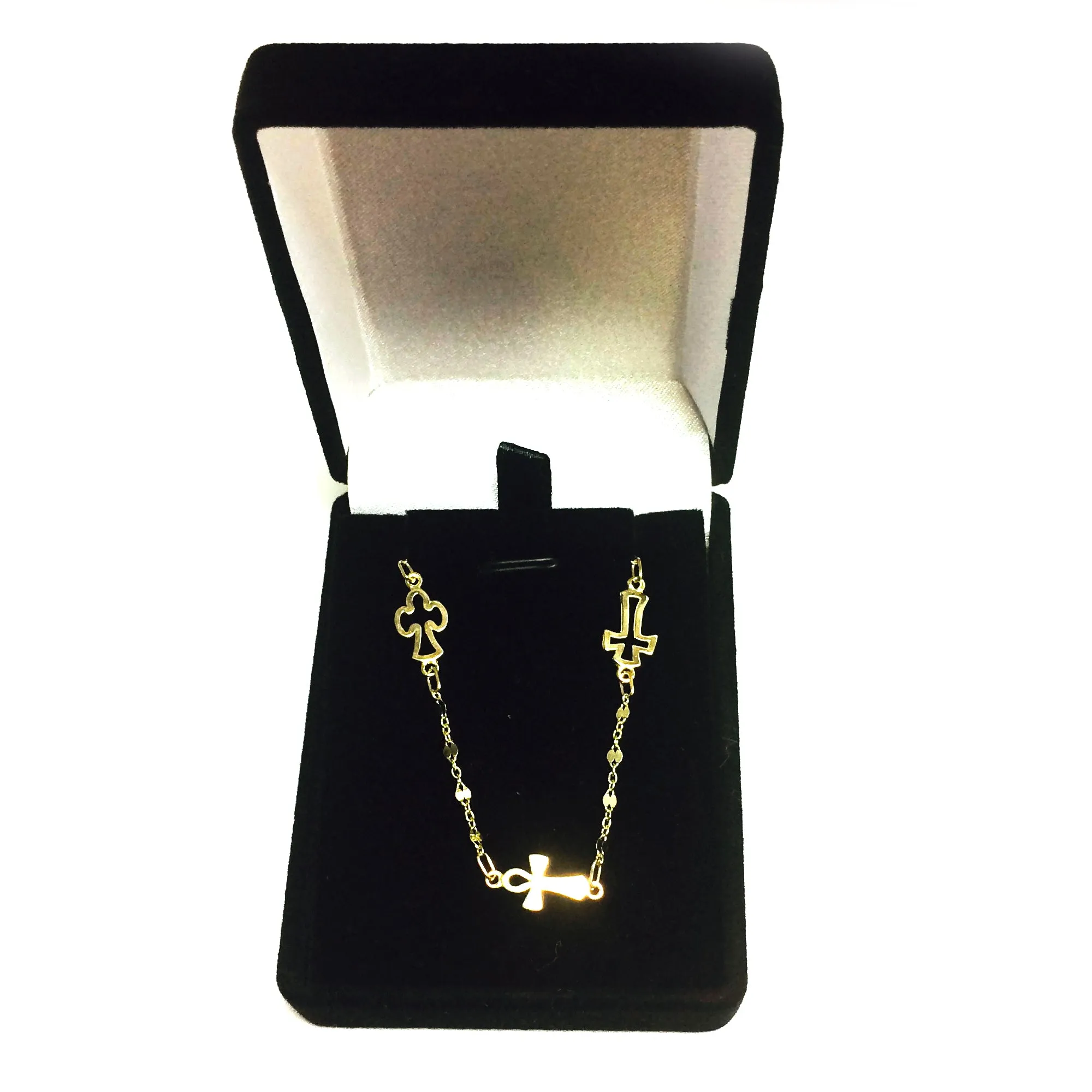 14K Yellow Gold Cable Chain Bead And Cross Bracelet, 7