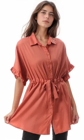 56567 Waist Drawstring Short Sleeves Long Shirt - Oxide