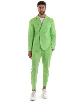 Abito Uomo Doppiopetto Vestito Lino Completo Giacca Pantaloni Tinta Unita Verde Acido Elegante Sartoriale Cerimonia GIOSAL-OU2133A