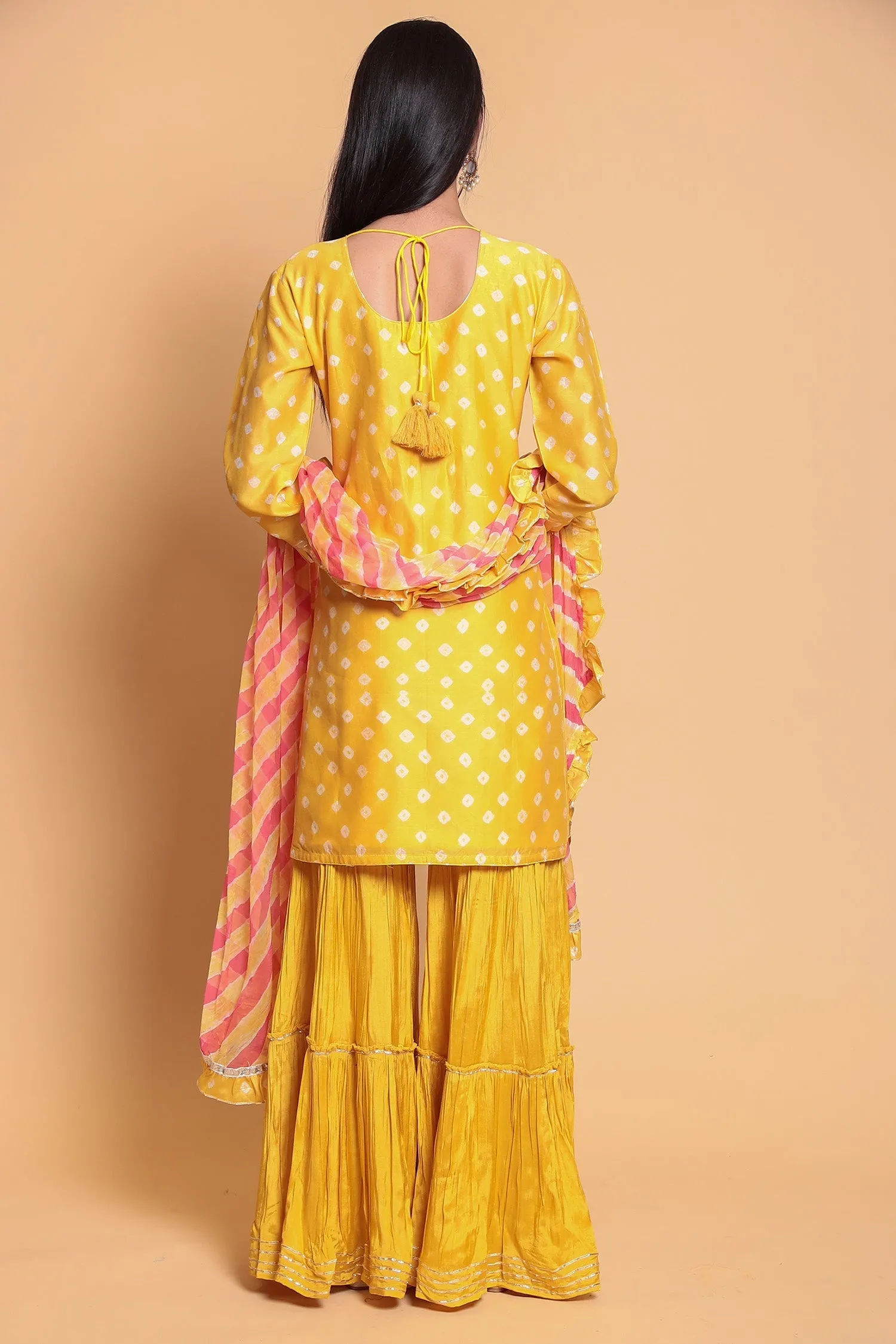 Bandhej Chanderi Suit Stitched with Gota Patti work.