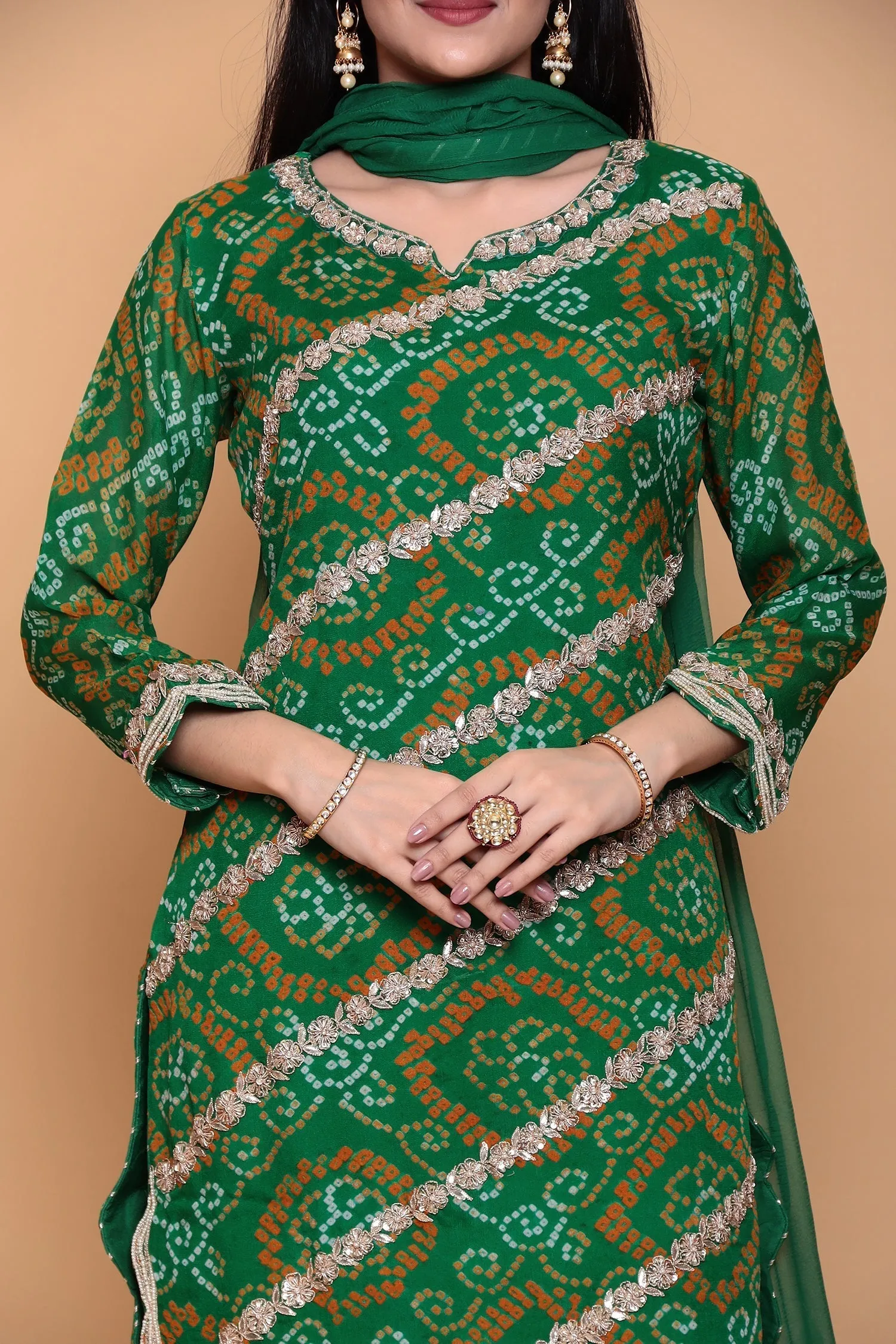 Bandhej Georgette Sharara Suit with Gota Patti work.