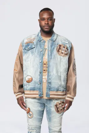 Big and Tall - Vegan Leather Sleeve Varsity Denim Jacket - Clyde Blue