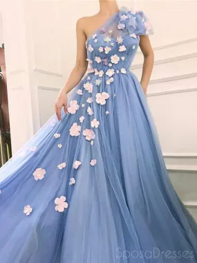 Blue A-line Applique Sleeveless Prom Dresses, Sweet 16 Prom Dresses, 12451