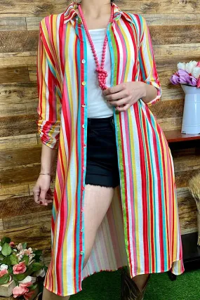 Colorful Button Up Duster with Black Design on Back