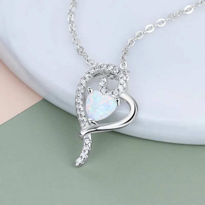 Double Heart Design White Opal Silver Necklace