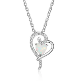 Double Heart Design White Opal Silver Necklace