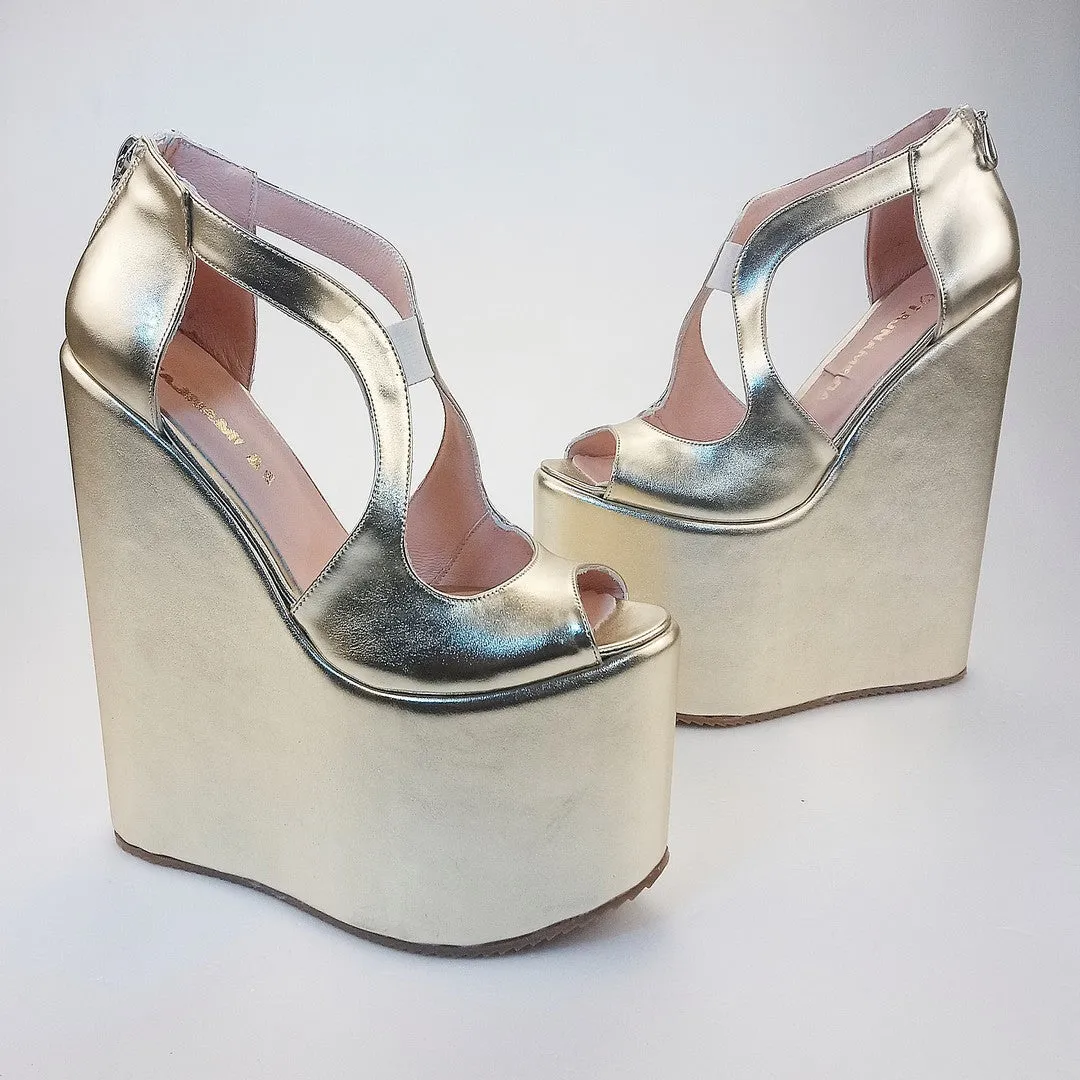 Golden Platform Heel Wedge Shoes