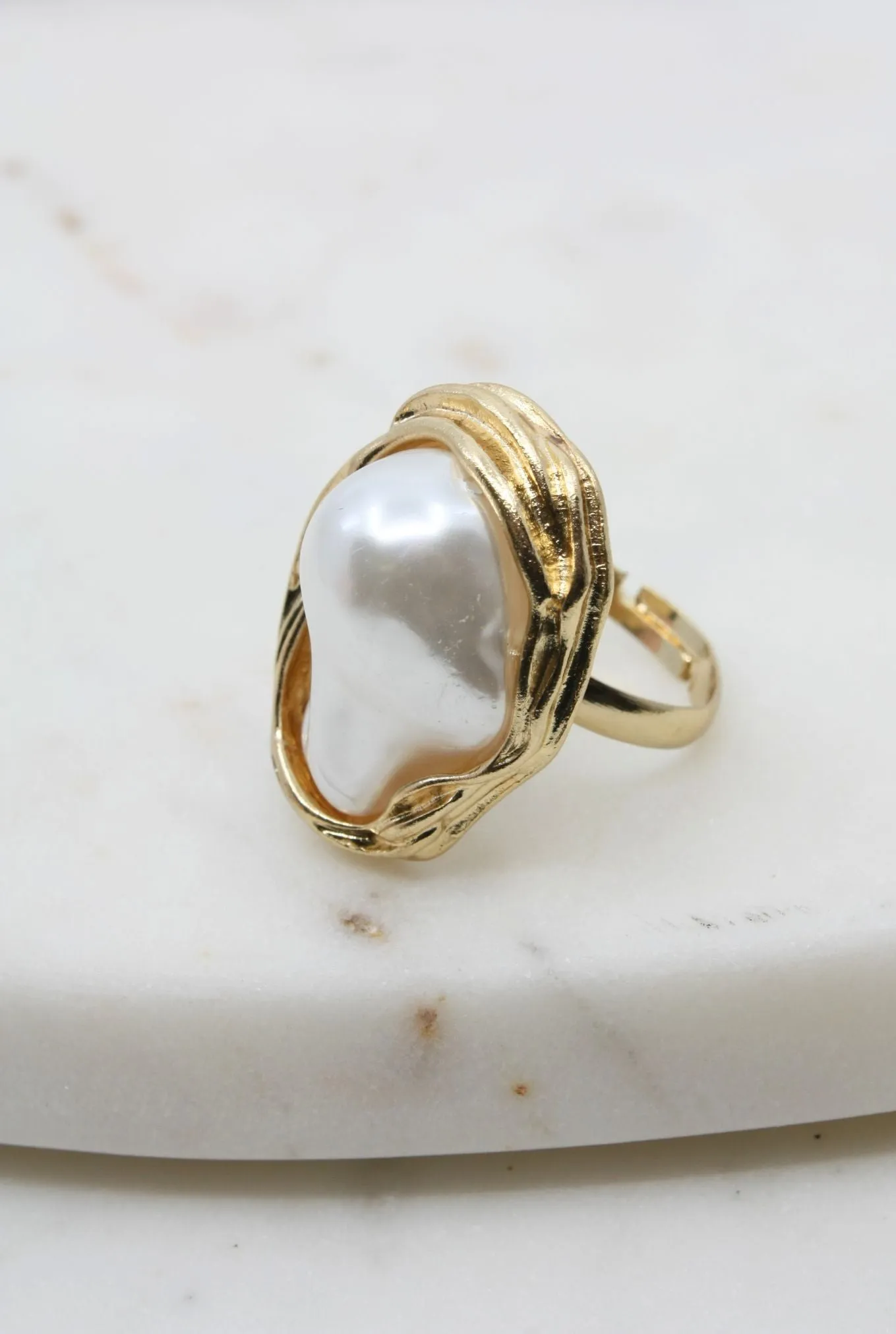 Large Pearl Gold Adjustable Ring