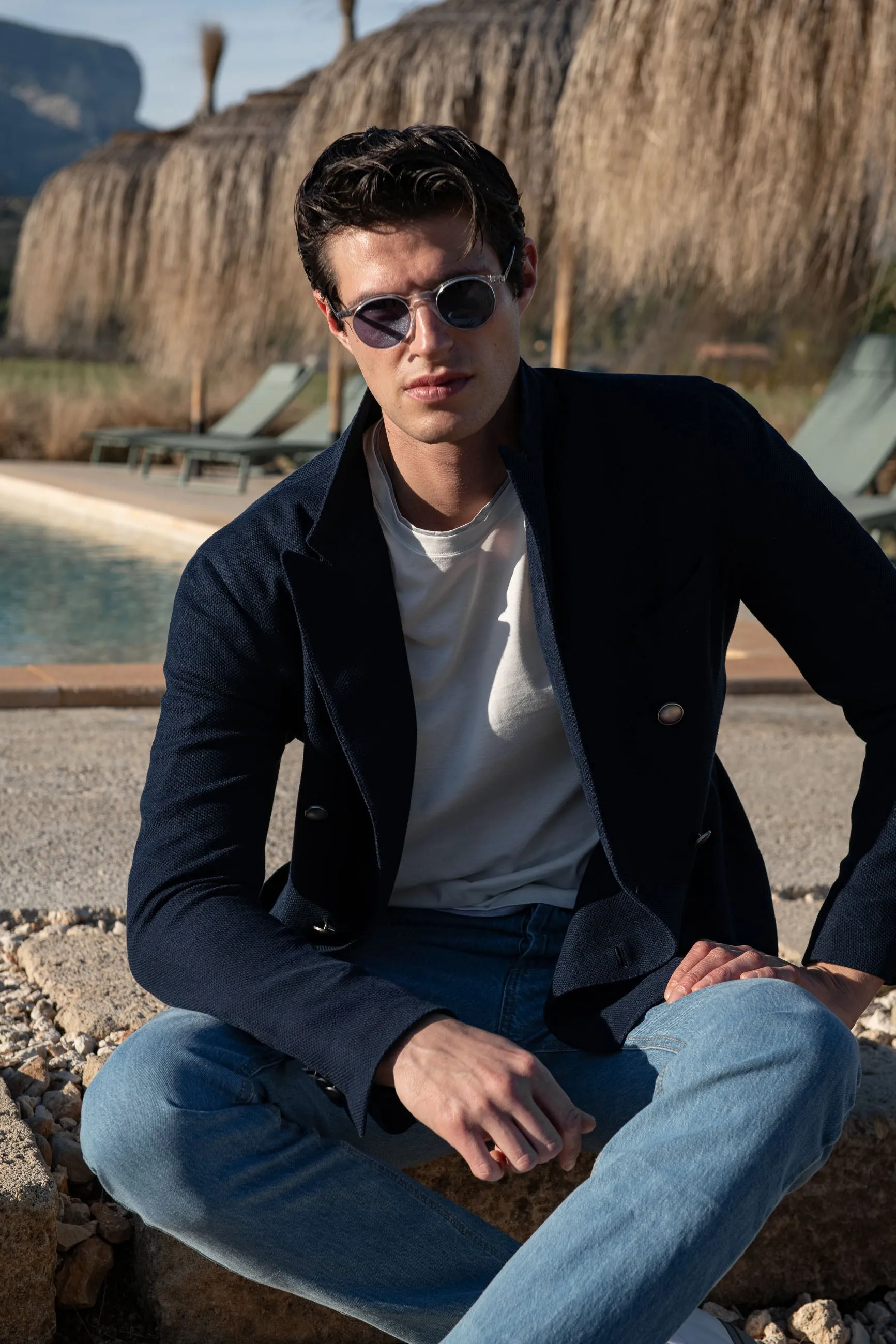 Navy double breasted jersey jacket - Made in Italy