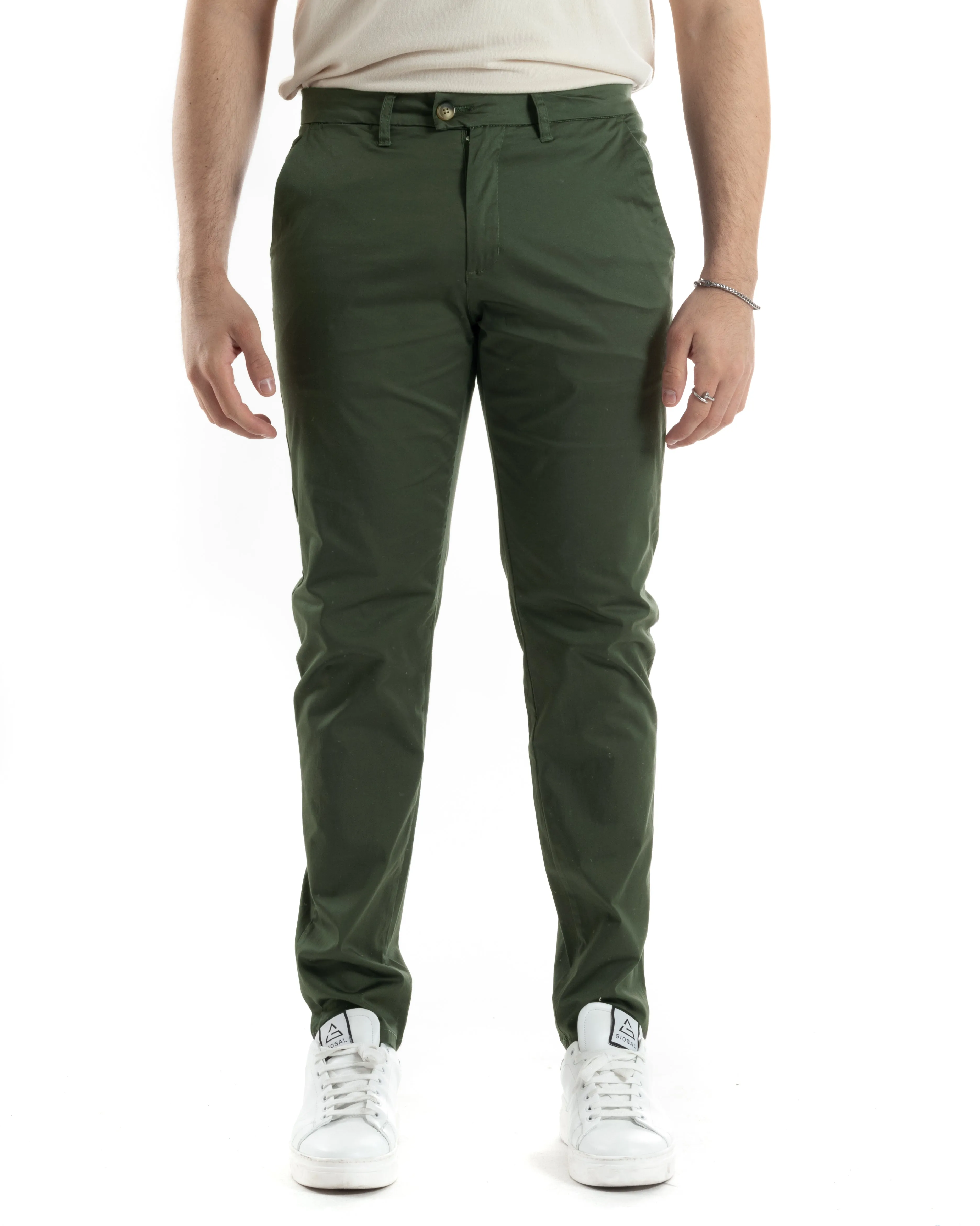 Pantaloni Uomo Cotone Raso Tasca America Slim Fit Abbottonatura Allungata Tinta Unita Verde GIOSAL-P6062A