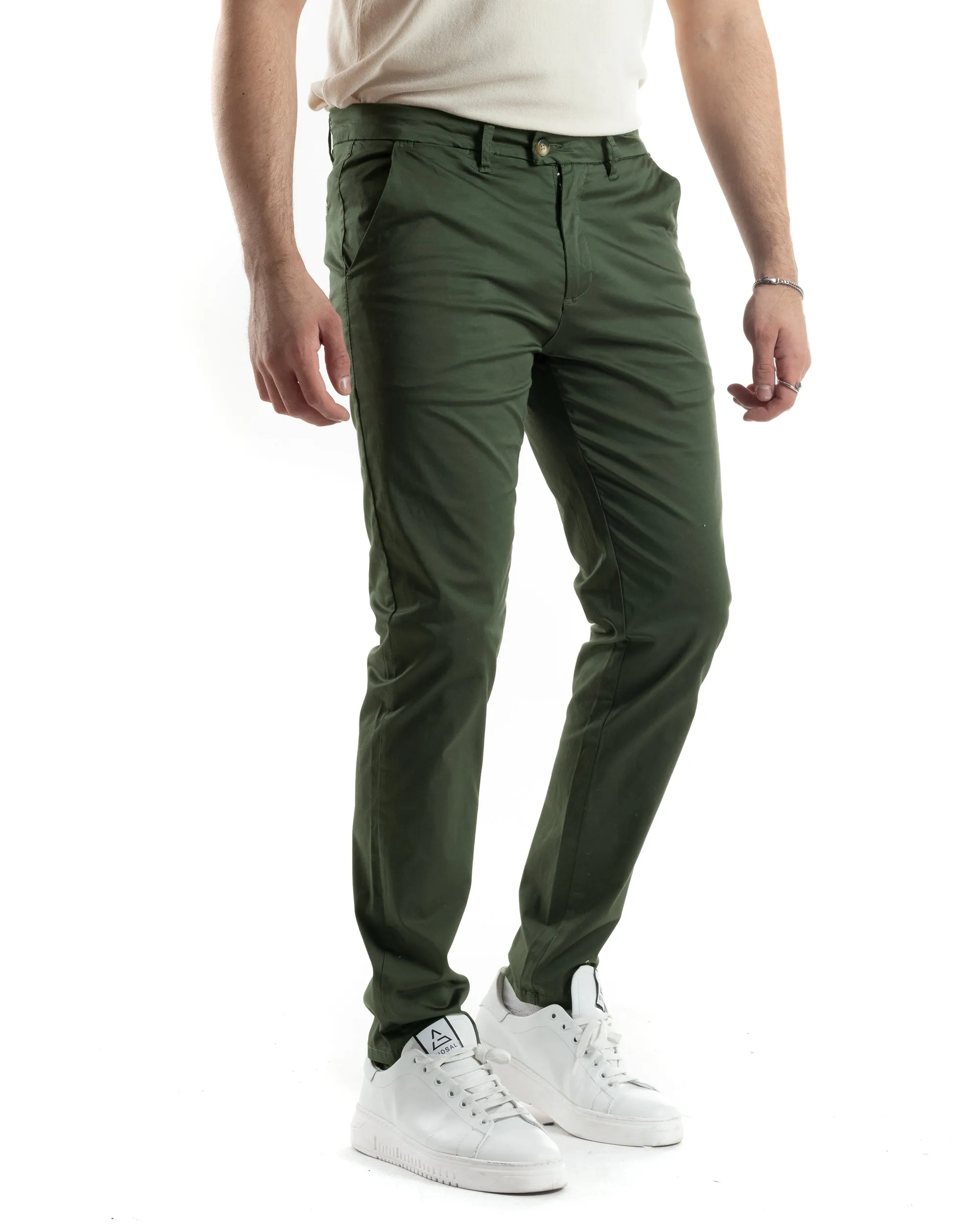 Pantaloni Uomo Cotone Raso Tasca America Slim Fit Abbottonatura Allungata Tinta Unita Verde GIOSAL-P6062A