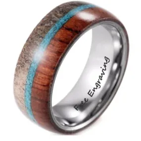 Personalized Men's Tungsten Wedding Band With Turquoise, Antler and Wood