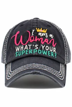 "i Am A Woman" Distressed Cap In Black