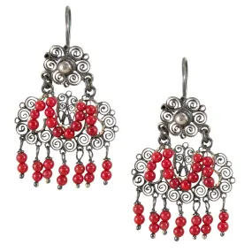 Sterling Silver Frida Kahlo Filigree M Earrings with Coral Beads