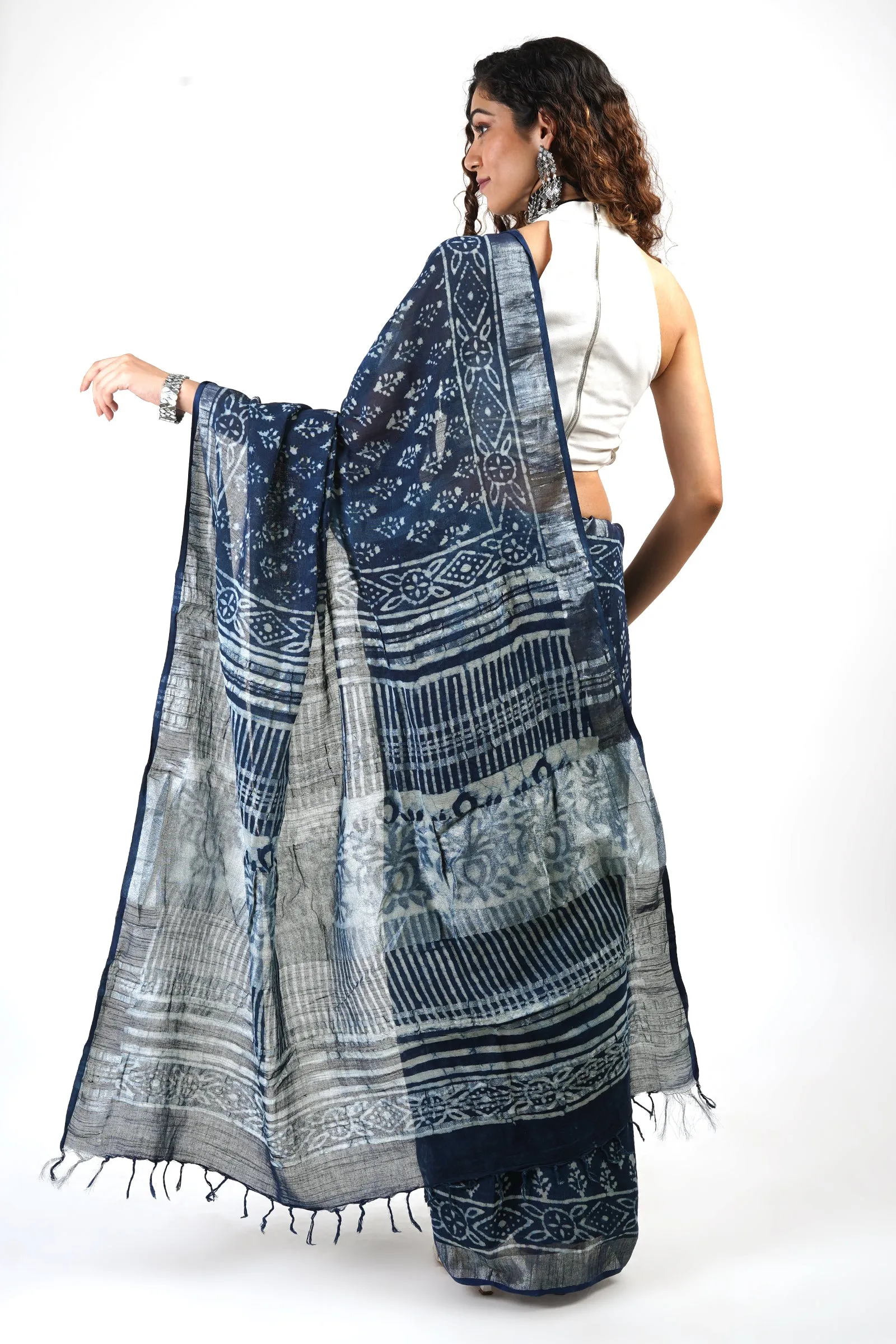 Teejh Aakash Indigo Block Print Linen Saree With Blouse Piece