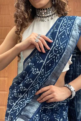 Teejh Aakash Indigo Block Print Linen Saree With Blouse Piece