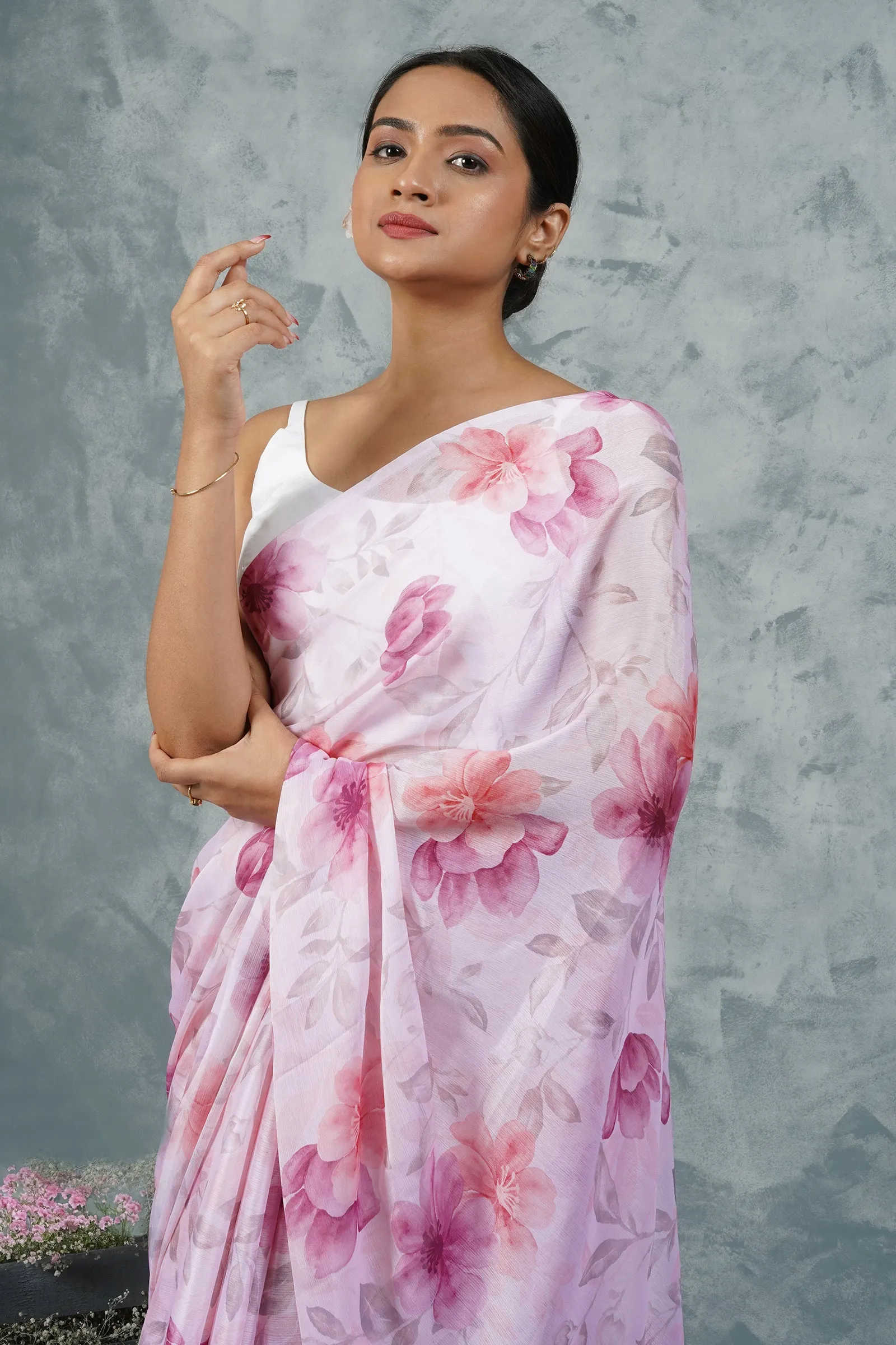 Teejh Blush Blossom Dream Digital Print Chiffon Saree