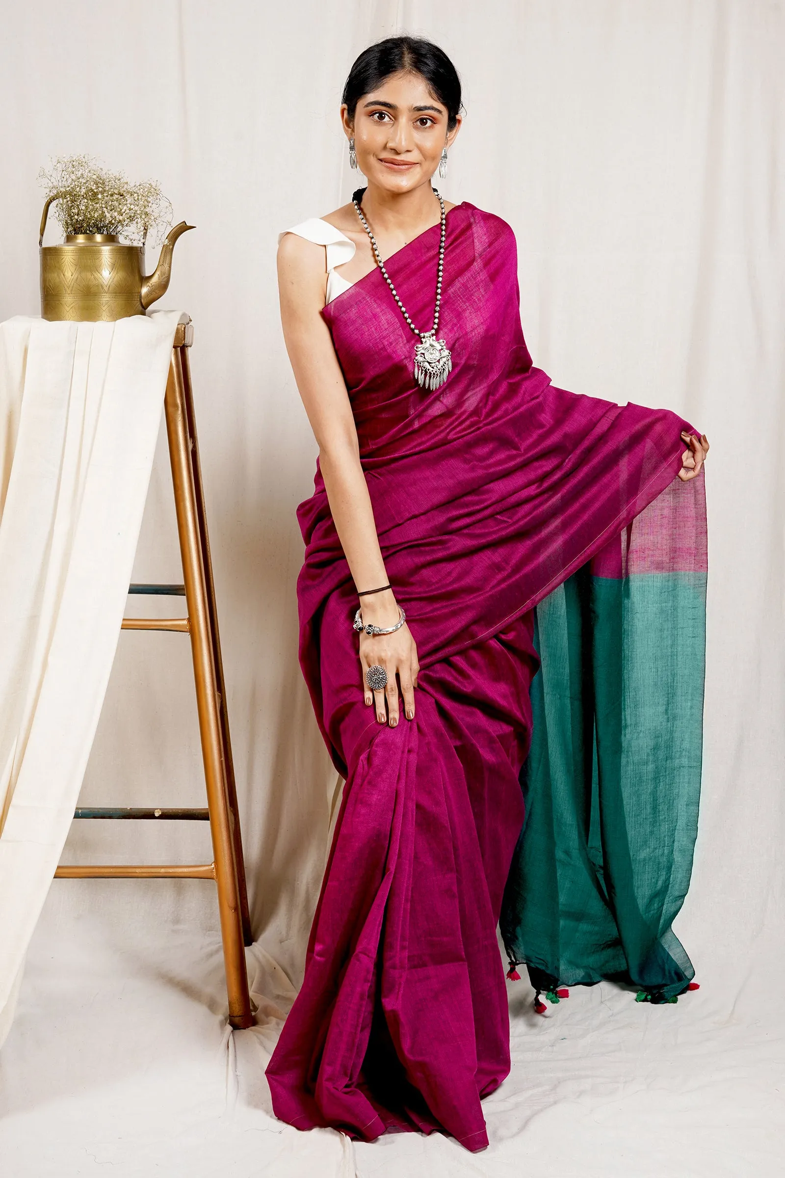 Teejh Carnation Pink and Green Mulmul Cotton Saree