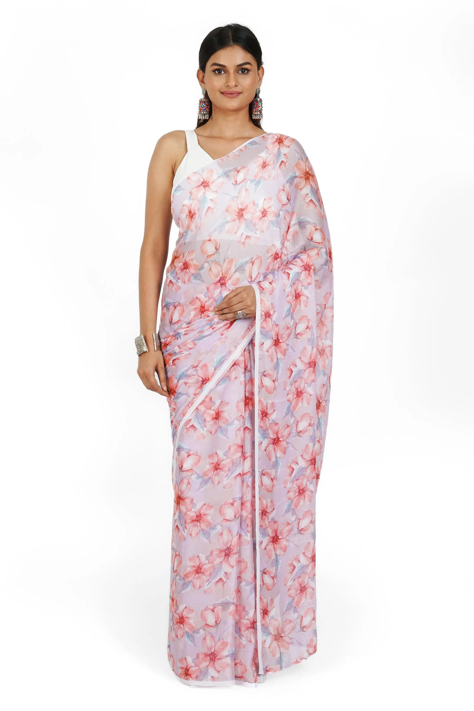 Teejh Grey Blossom  Digital Print Chiffon Saree