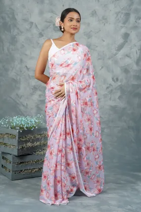 Teejh Grey Blossom  Digital Print Chiffon Saree