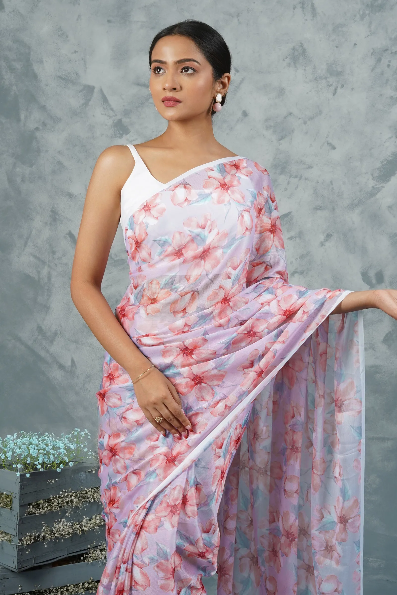 Teejh Grey Blossom  Digital Print Chiffon Saree