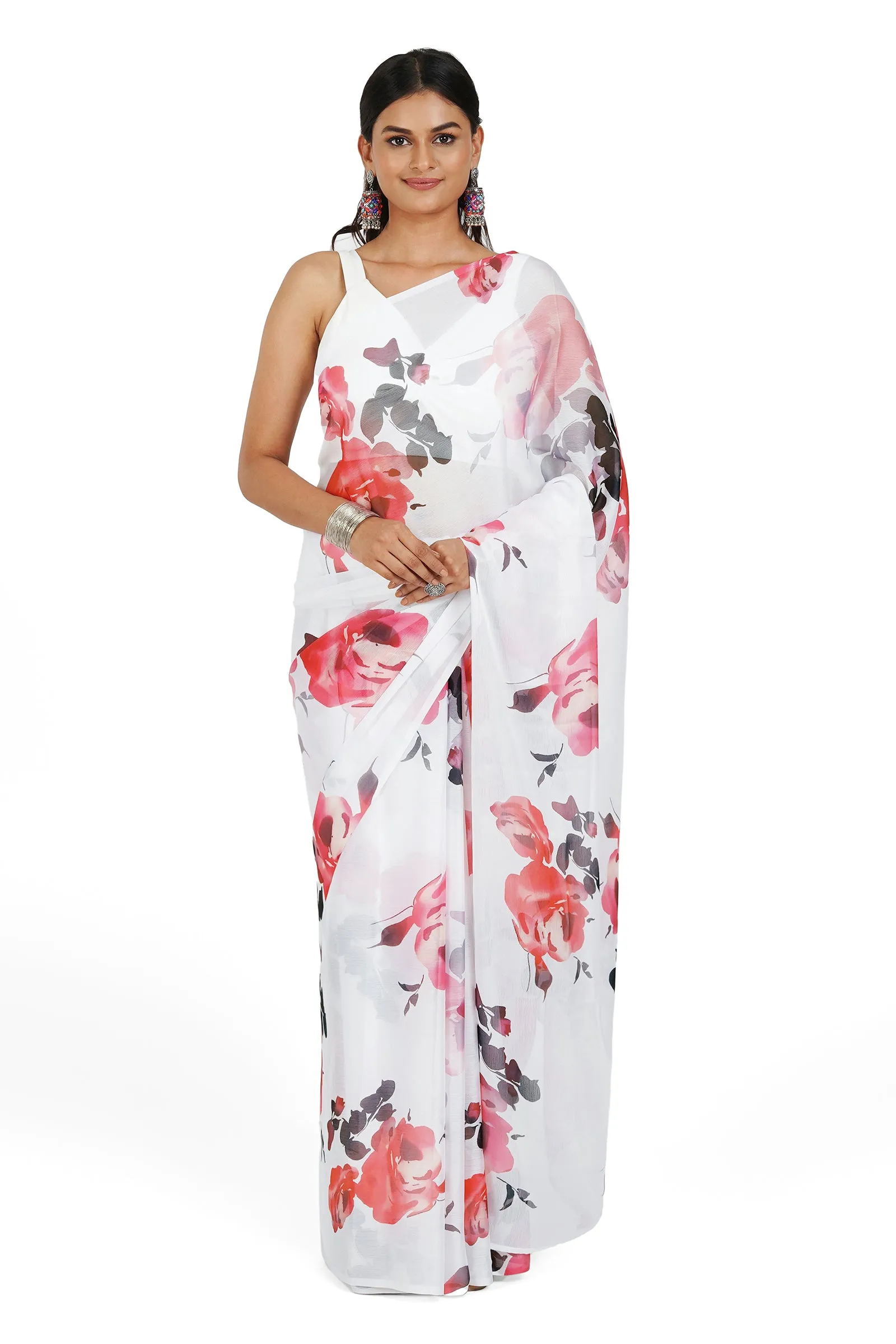 Teejh  Ivory Rouge Digital Print Chiffon Saree