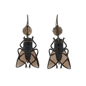 Victorian Sterling Carved Smoky Topaz Flying Insect Earrings