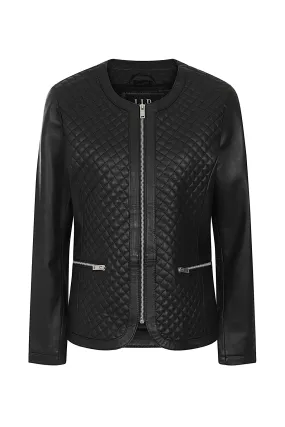 Women's Collarless Leather Jacket with Quilt Detail ELLIE